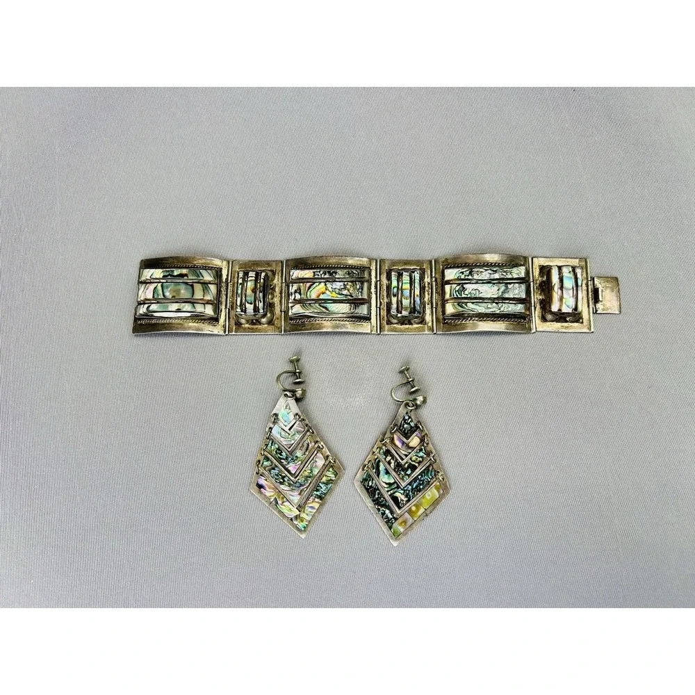 Sterling Silver Set‎ Of Mexican Cuff Bracelet And Dangle Earrings .925 Fan Fan